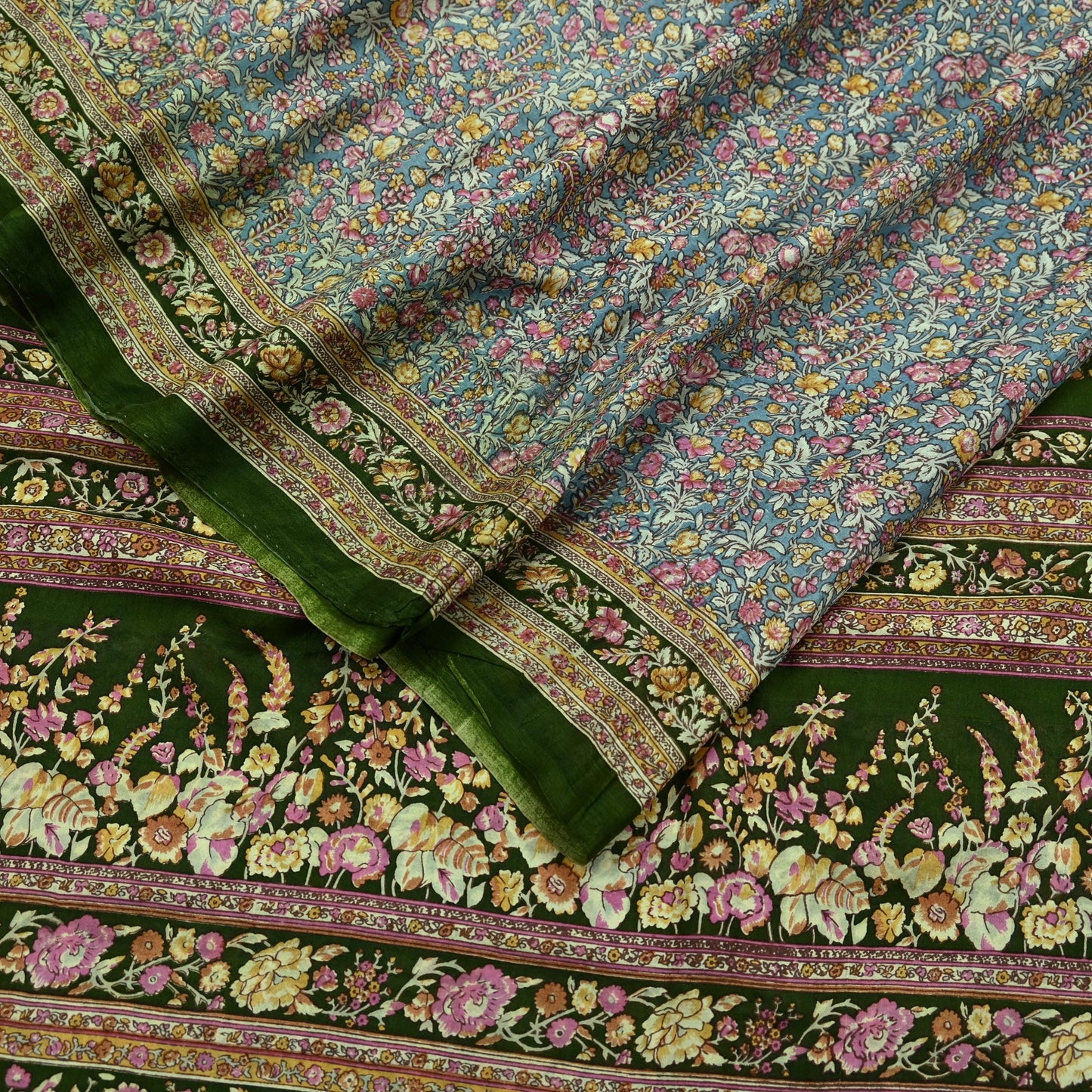 Indian Vintage Sari Green & Gray Pure Silk Printed Sarees Craft Fabric 5yd Sewing Dress Making Soft Floral Crafting Quilting Upcycle Used
