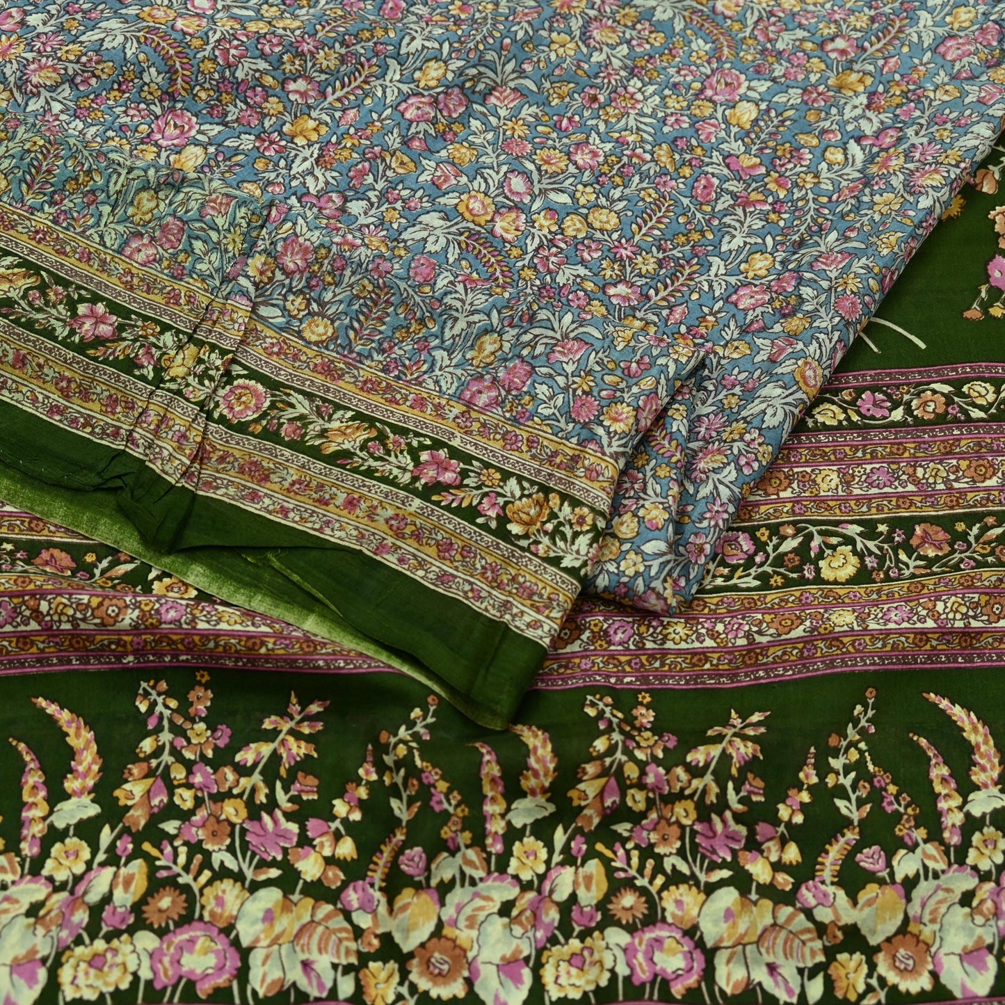 Indian Vintage Sari Green & Gray Pure Silk Printed Sarees Craft Fabric 5yd Sewing Dress Making Soft Floral Crafting Quilting Upcycle Used