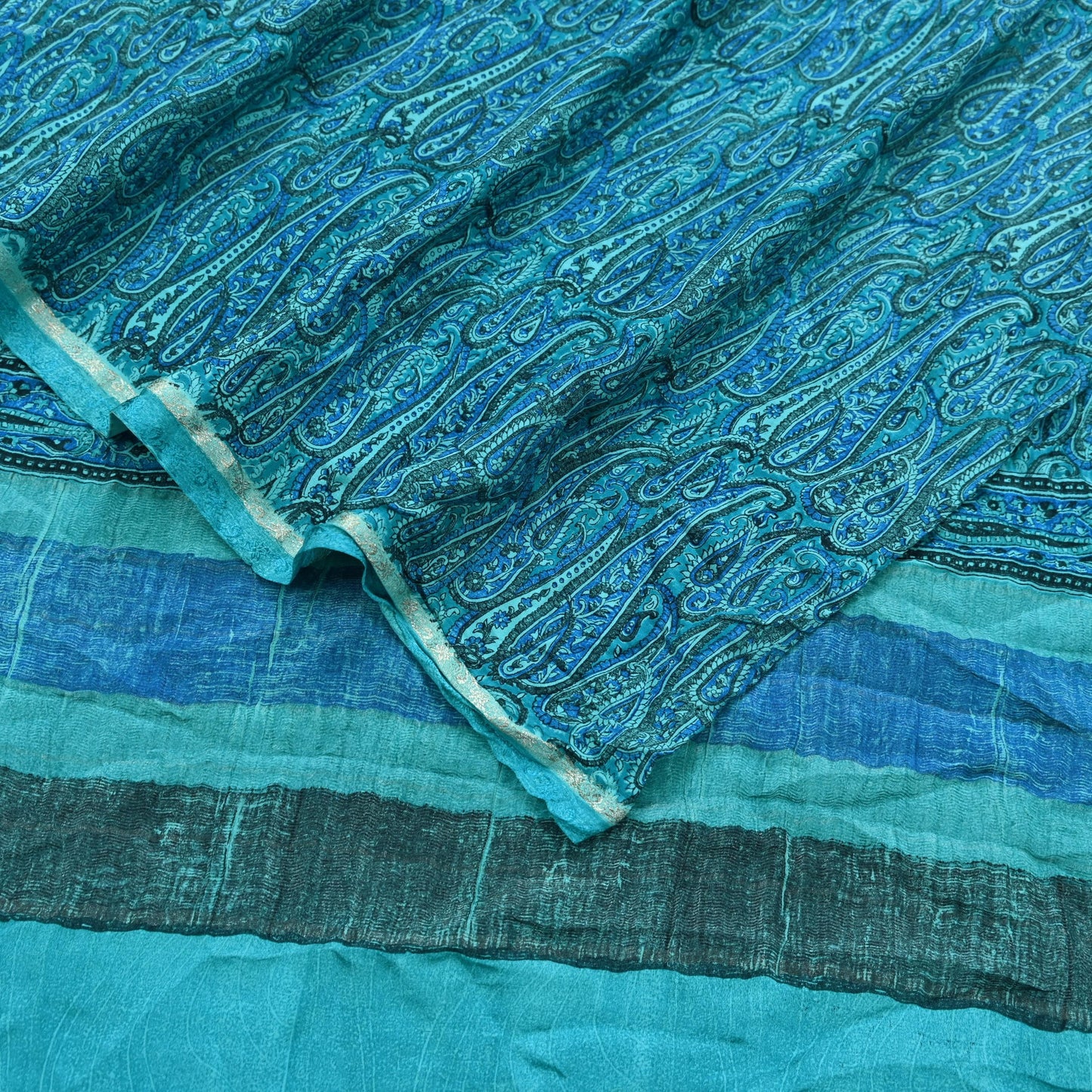 Indian Vintage Sari Blue & Green Pure Crepe Silk Printed Saree 6yd Sewing Floral Soft Craft Fabric Wrap Dress making Crafting Quilting