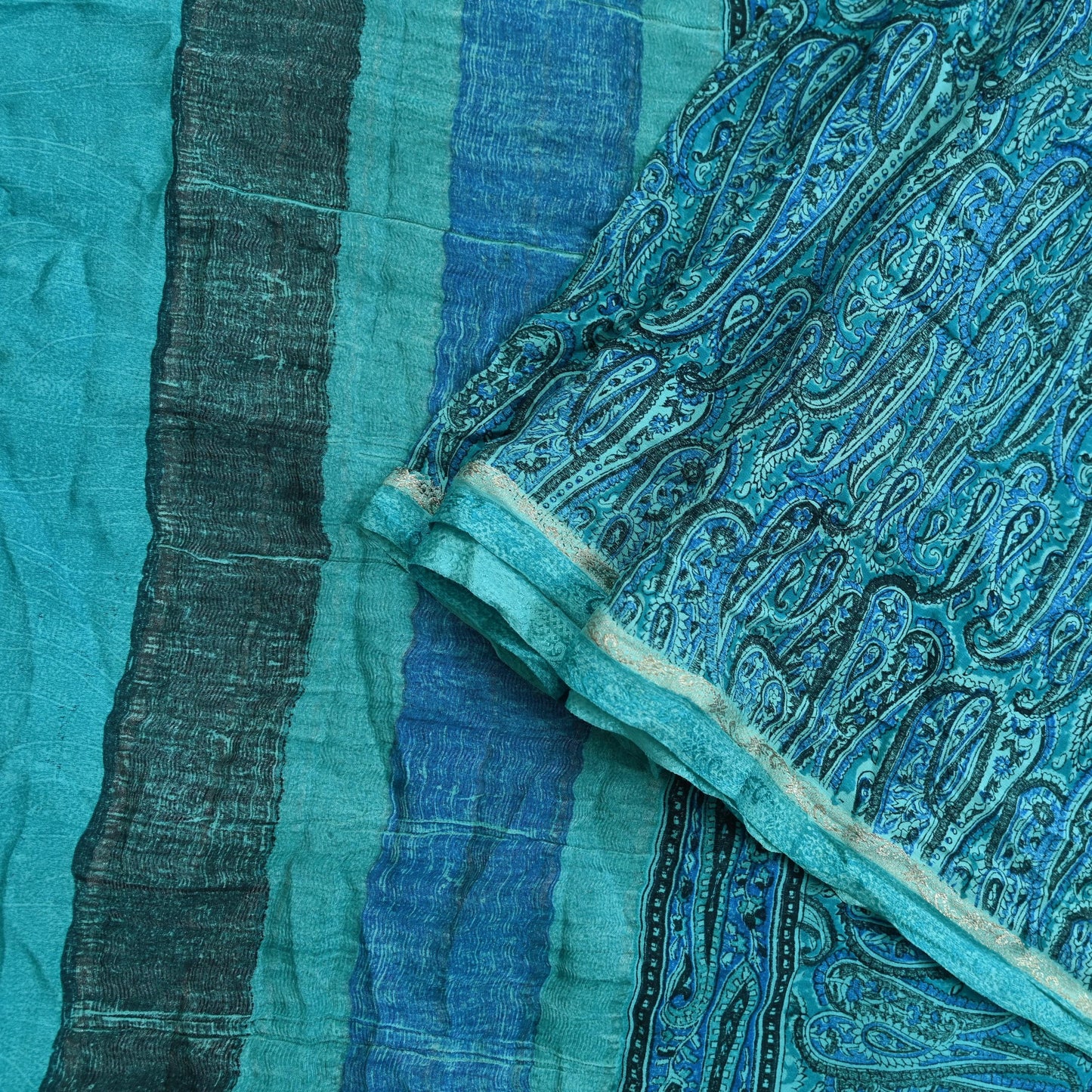 Indian Vintage Sari Blue & Green Pure Crepe Silk Printed Saree 6yd Sewing Floral Soft Craft Fabric Wrap Dress making Crafting Quilting