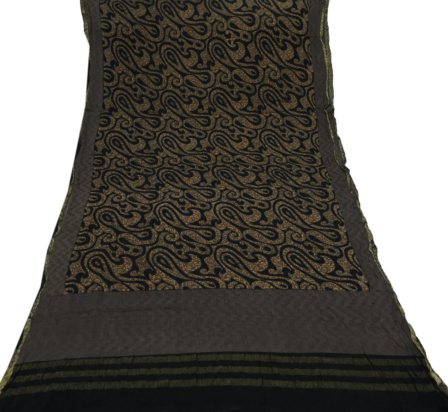 Indian Vintage Sari Brown & Black Pure Silk Printed Sarees 5yd Sewing Craft Fabric Dress Making Soft Crafting Quilting Upcycle Zari