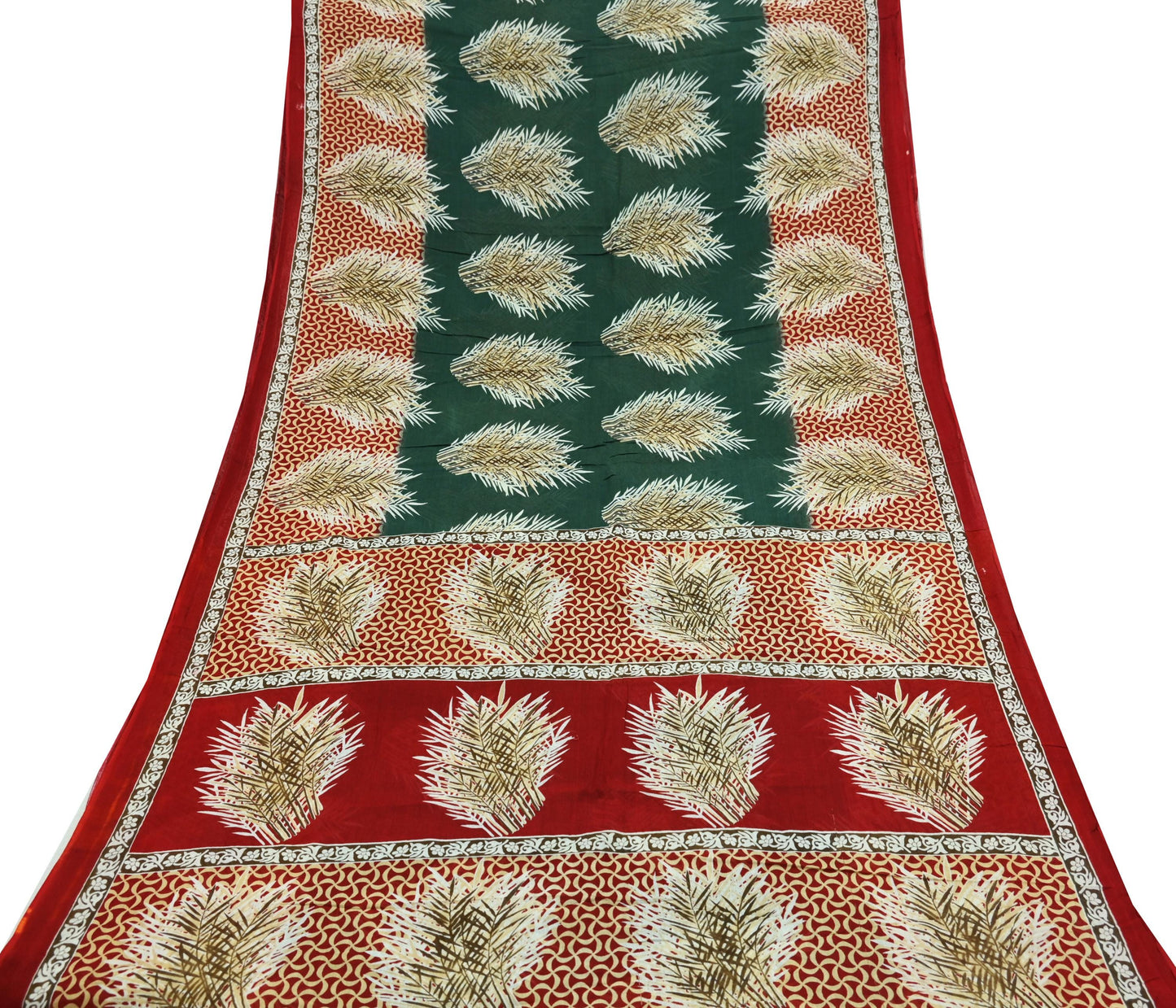 Indian Vintage Sari Green & Red Printed Pure Cotton Saree Craft Fabric 5Yd Sewing Sarong Wrap Boho Floral Crafting Upcycle Quilting Used
