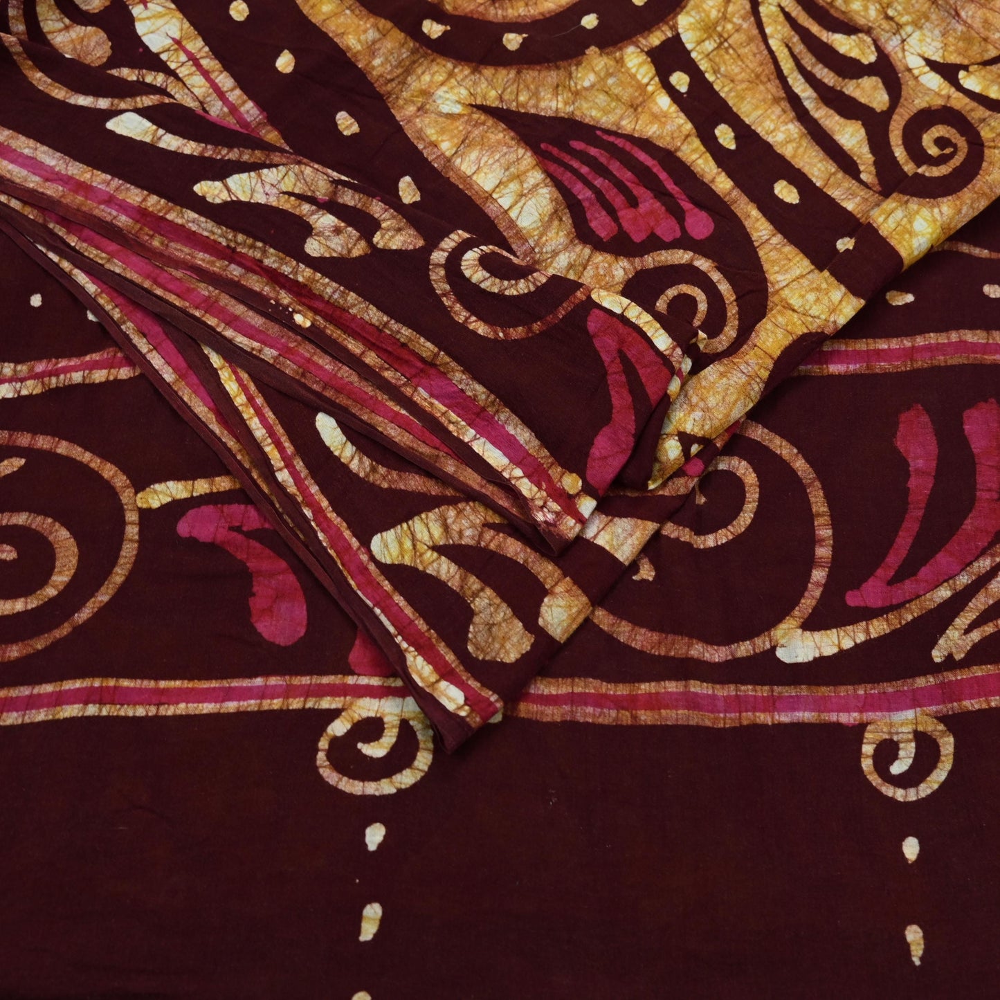 Indian Vintage Maroon & Beige Saree Batik Printed 100% Pure Cotton Indian Sari Craft Soft Fabric 5Yard Sewing Sarong Wrap Boho