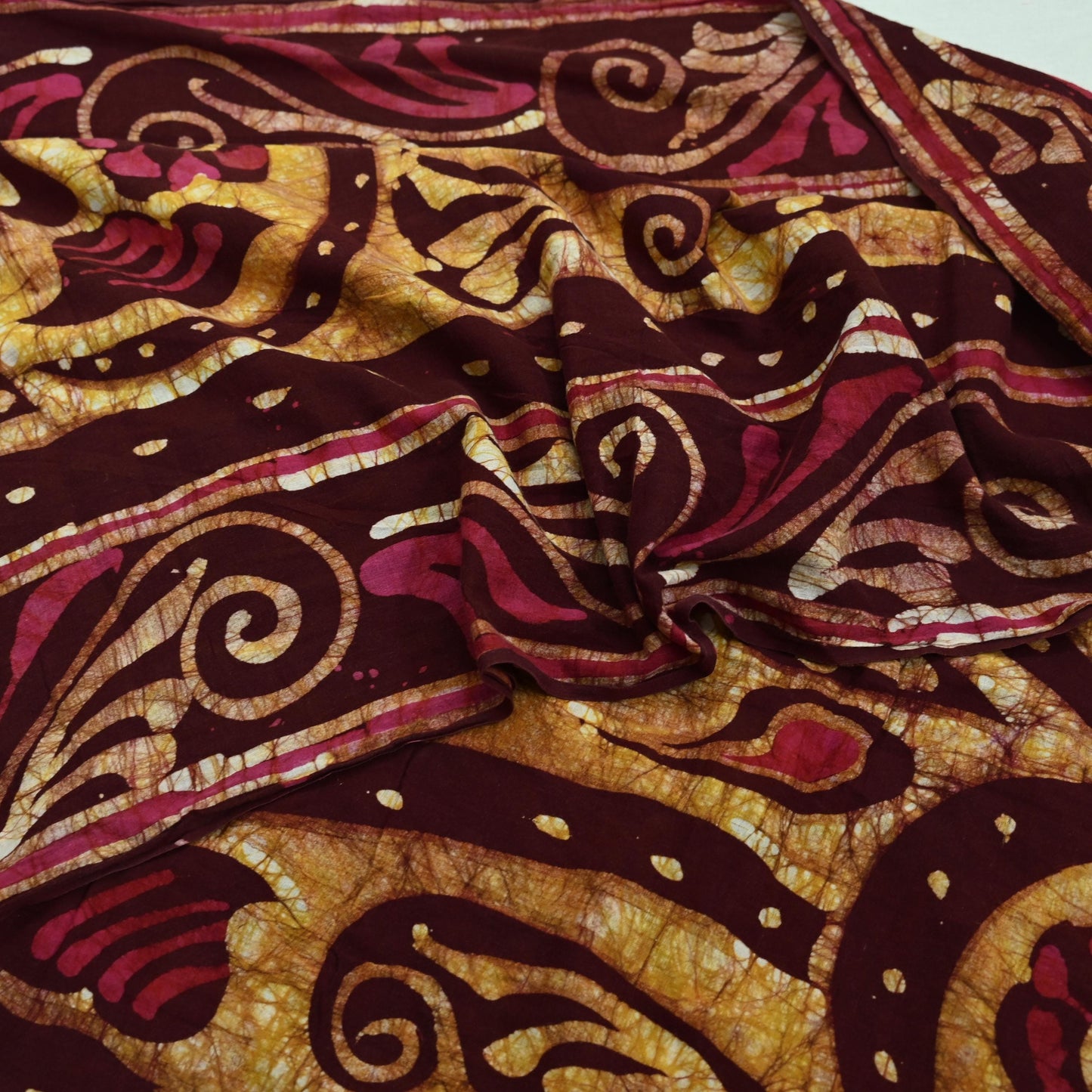 Indian Vintage Maroon & Beige Saree Batik Printed 100% Pure Cotton Indian Sari Craft Soft Fabric 5Yard Sewing Sarong Wrap Boho