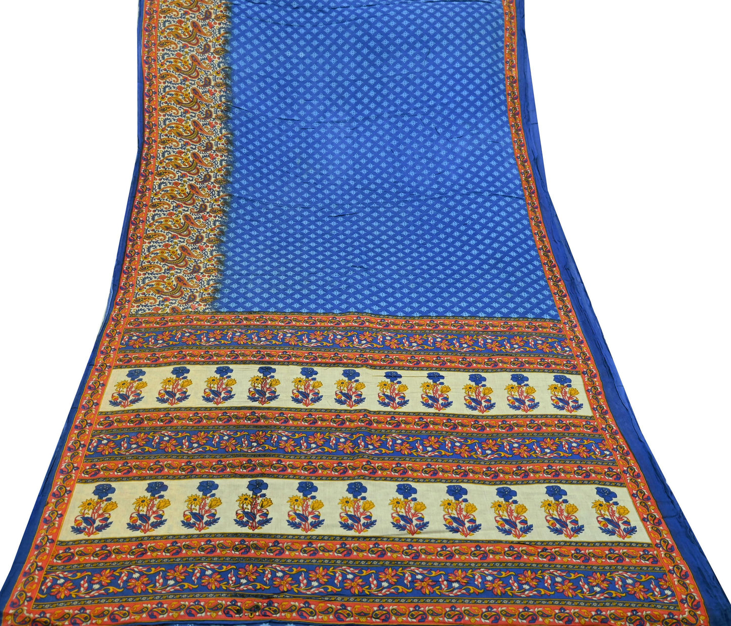 Indian Vintage Sari Blue & Ivory Printed Pure Cotton Sarees Craft Fabric 5Yd Soft Sewing Sarong Wrap Boho Floral Quilting Crafting Upcycle