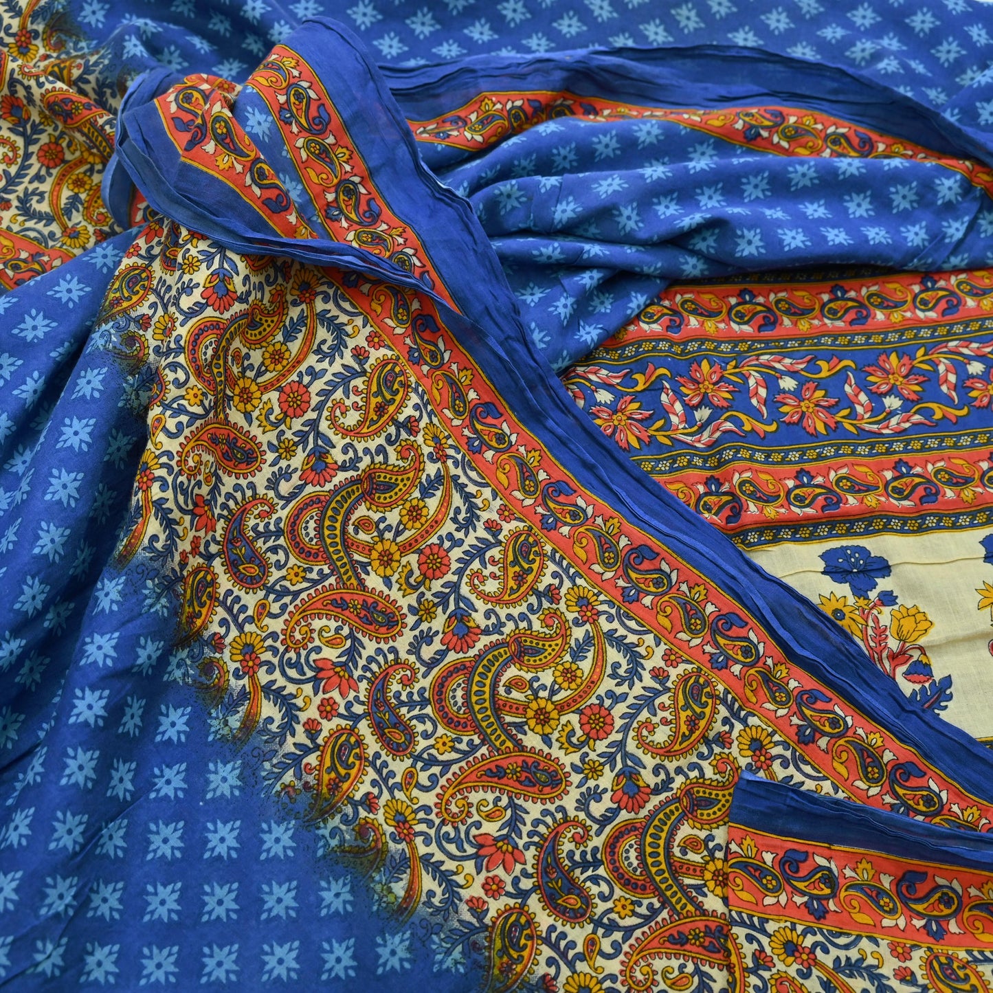 Indian Vintage Sari Blue & Ivory Printed Pure Cotton Sarees Craft Fabric 5Yd Soft Sewing Sarong Wrap Boho Floral Quilting Crafting Upcycle