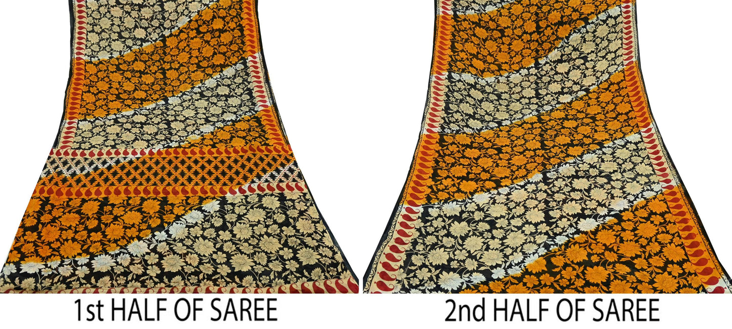 Indian Vintage Sari Black Printed 100% Pure Cotton Saree Craft Fabric 5Yd Sewing Sarong Wrap Boho Floral Dress making