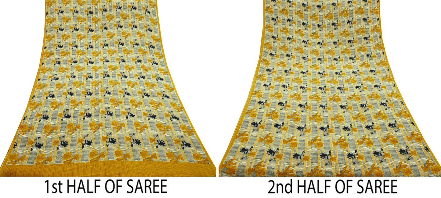 Indian Vintage Sari Mustard & Black Pure Crepe Silk Printed Sarees 5yd Sewing Soft Craft Fabric Floral Wrap Quilting Dress Making Crafting