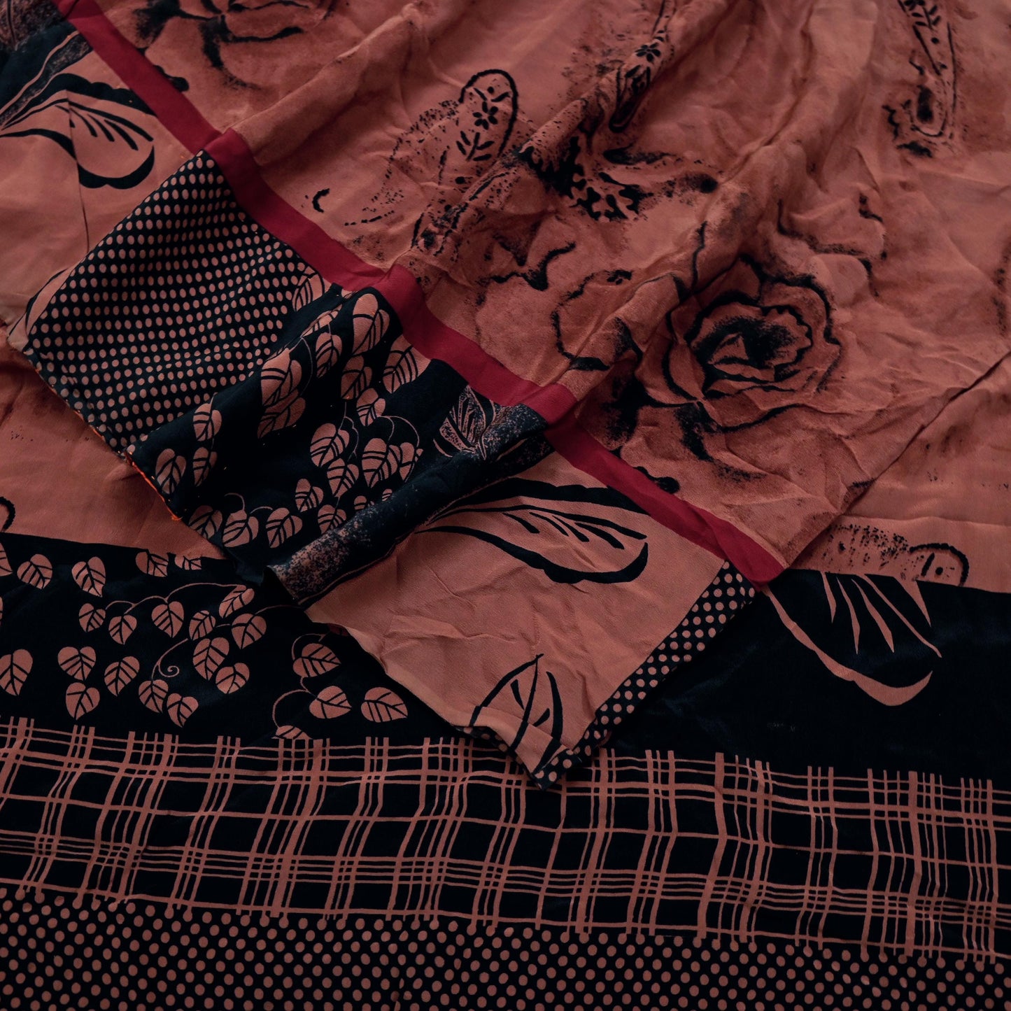 Indian Vintage Brown & Black Saree Pure Crepe Silk Printed Sari 5yd Sewing Floral Soft Craft Fabric Wrap Dress Making Crafting Quilting