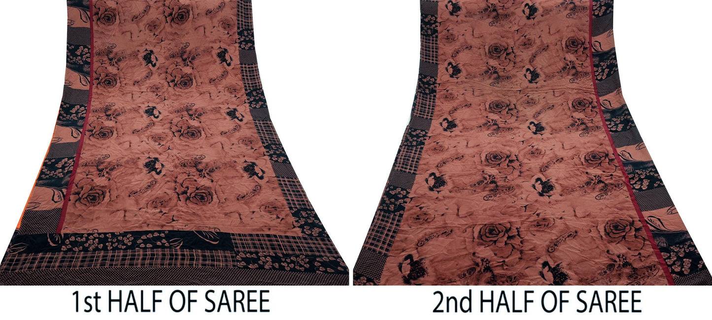 Indian Vintage Brown & Black Saree Pure Crepe Silk Printed Sari 5yd Sewing Floral Soft Craft Fabric Wrap Dress Making Crafting Quilting