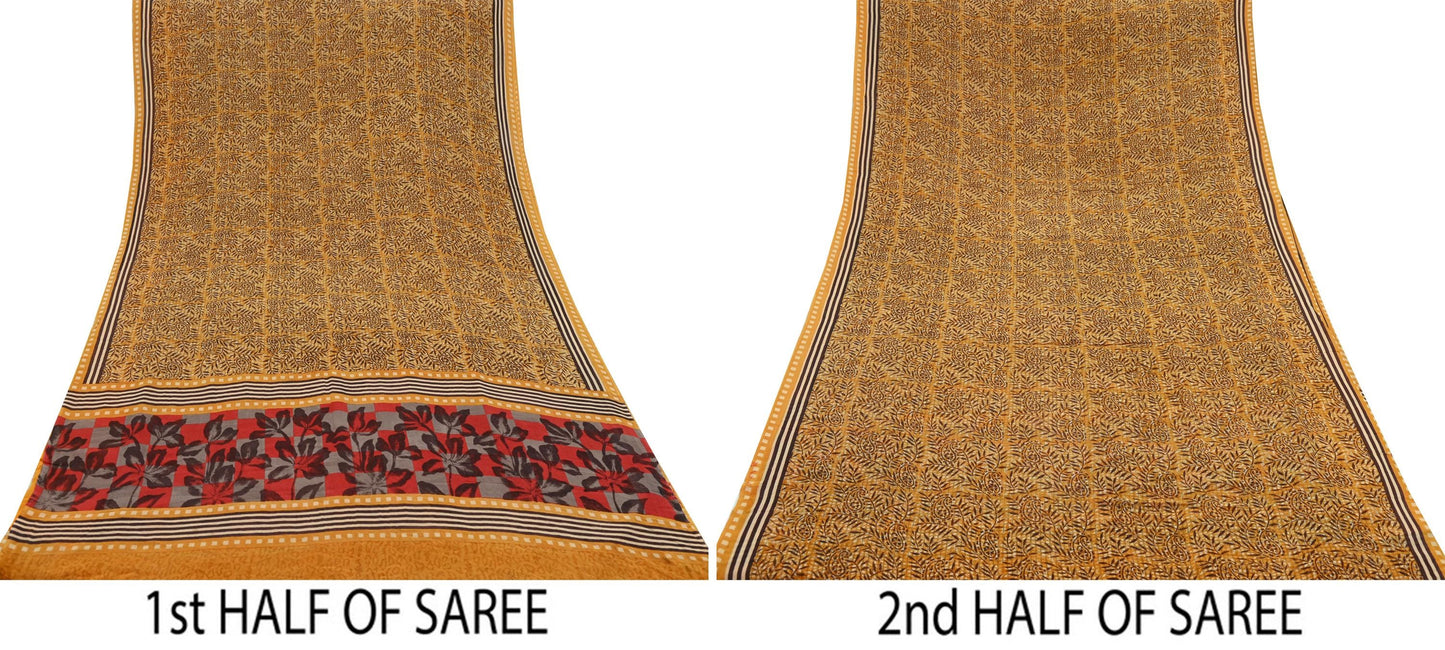 Indian Vintage Mustard Saree 100% Pure Georgette Silk Hand Block Printed Sari Sewing 5yd Craft Soft Dress Designing for Crafting