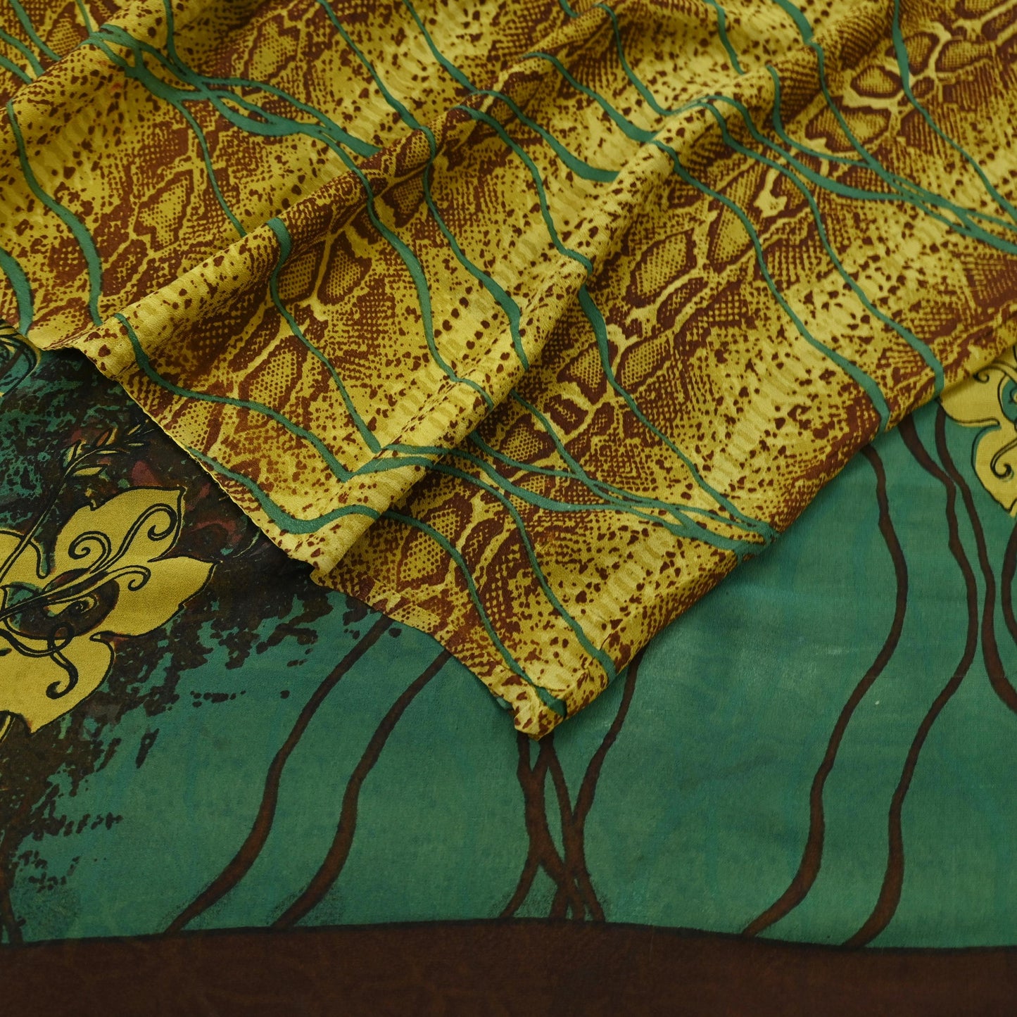 Women Vintage Sari Green Pure Georgette Silk Printed Saree Craft Fabric Sewing 5Yd Soft Light Dress Making Floral Quilting Crafting Upcycle