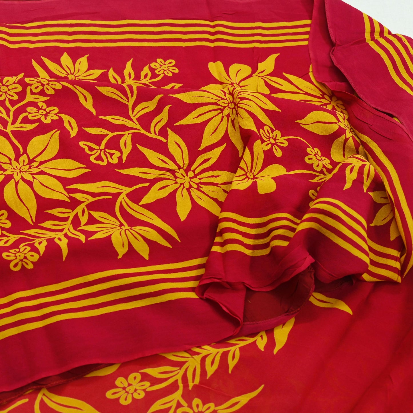 Indian Vintage Sari Saffron & Red Pure Georgette Silk Printed Saree Craft Fabric Sewing 5Yd Soft Dress Making Crafting Quilting Upcycle