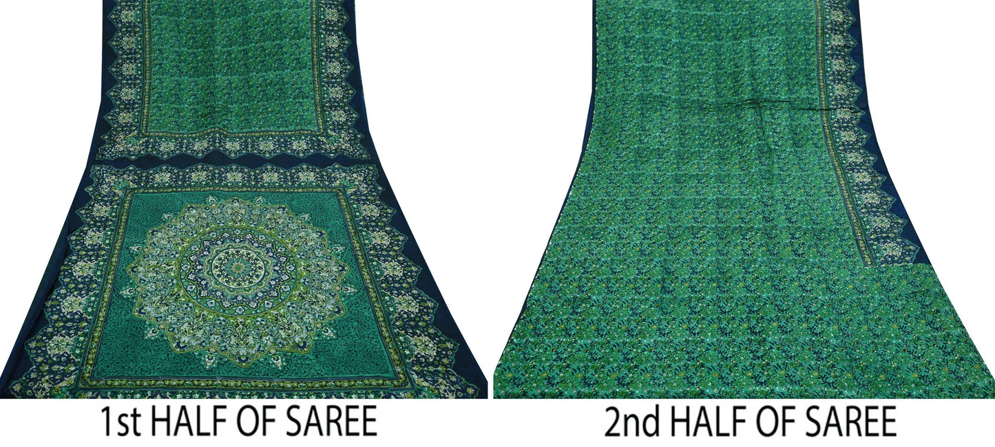 Indian Vintage Sari Green & Blue 100% Pure Silk Block Printed Sarees 5yd Sewing Craft Fabric Dress Making Wrap Crafting Quilting Upcycle