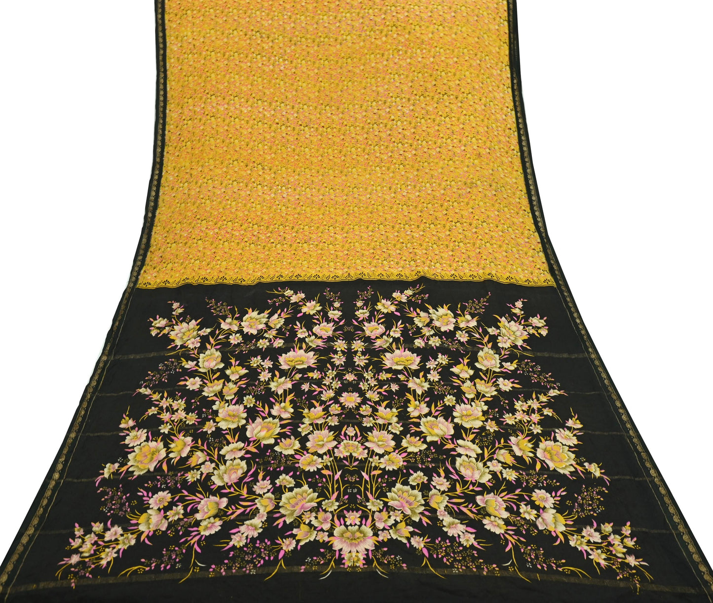 Indian Vintage Yellow Sarees 100% Pure Silk Printed Sari Craft Fabric 5yd Sewing Floral Soft Dress making Crafting quilting Upcycle Zari