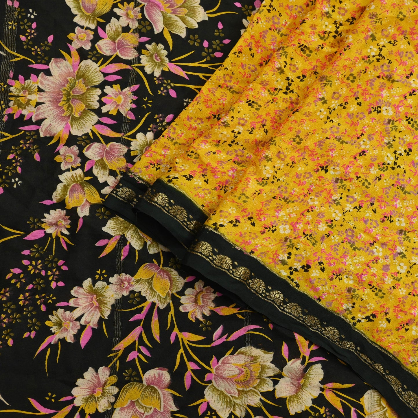 Indian Vintage Yellow Sarees 100% Pure Silk Printed Sari Craft Fabric 5yd Sewing Floral Soft Dress making Crafting quilting Upcycle Zari