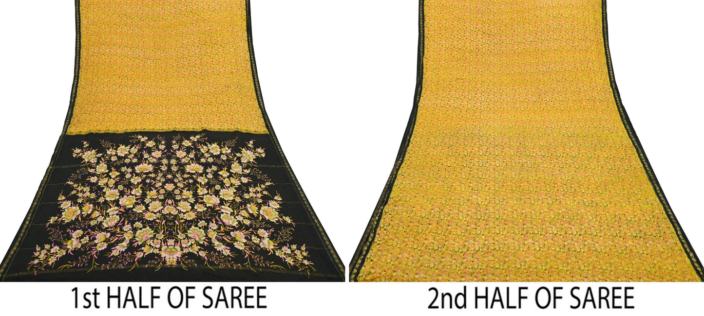 Indian Vintage Yellow Sarees 100% Pure Silk Printed Sari Craft Fabric 5yd Sewing Floral Soft Dress making Crafting quilting Upcycle Zari