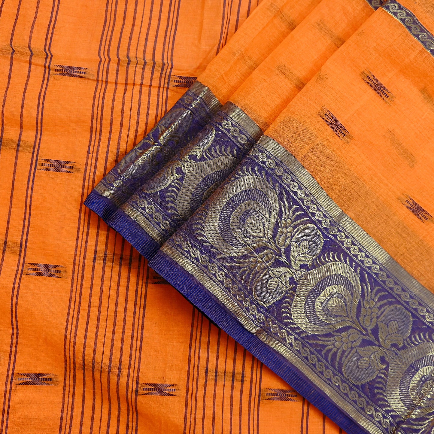 Indian Vintage Sari Orange Pure Cotton Hand Woven Saree Zari 5Yd Craft Fabric Floral Ethnic Sarong Dress making Crafting Quilting Zari
