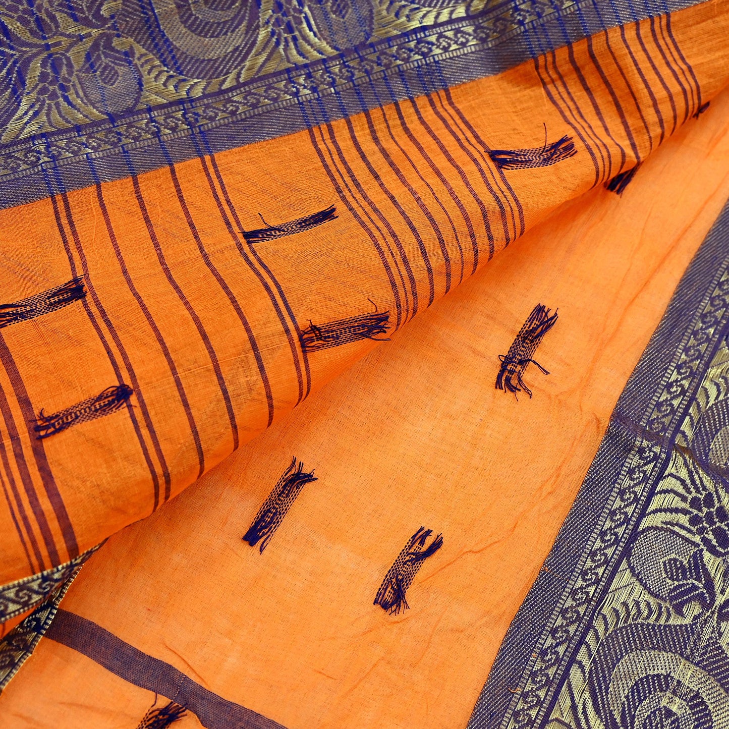 Indian Vintage Sari Orange Pure Cotton Hand Woven Saree Zari 5Yd Craft Fabric Floral Ethnic Sarong Dress making Crafting Quilting Zari