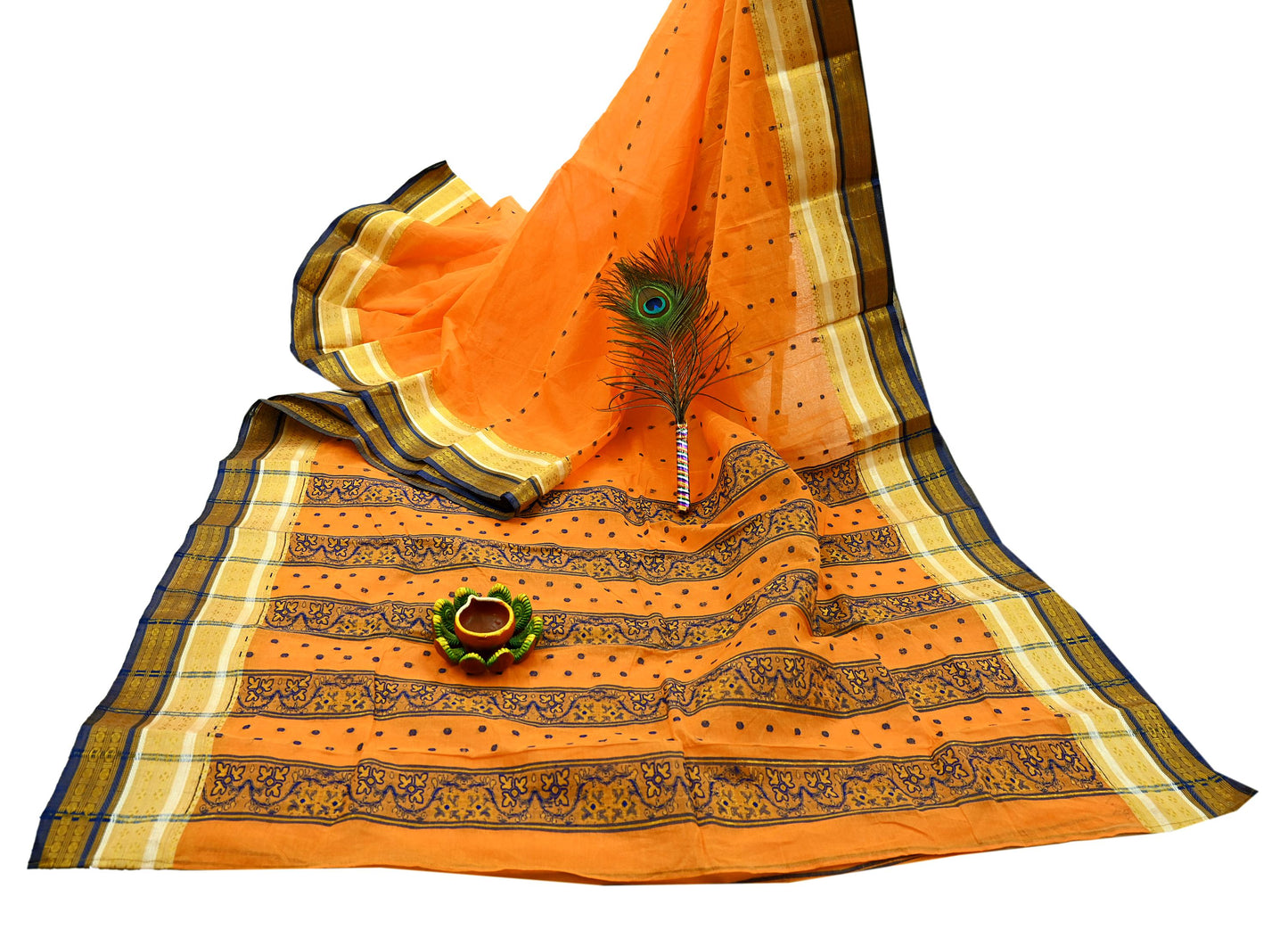 Indian Vintage Sari Orange Pure Cotton Hand Woven Saree Zari 5Yd Craft Fabric Floral Ethnic Sarong Dress making Crafting Quilting Zari