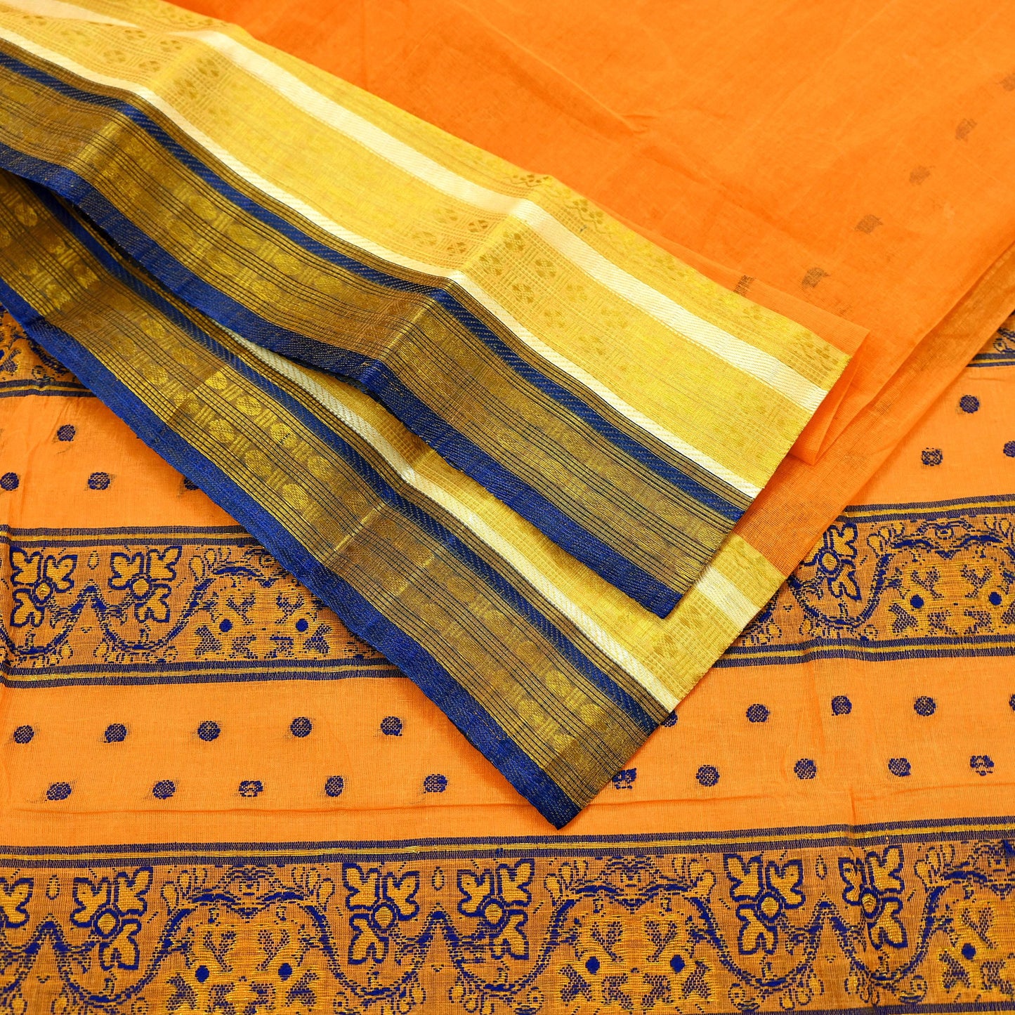Indian Vintage Sari Orange Pure Cotton Hand Woven Saree Zari 5Yd Craft Fabric Floral Ethnic Sarong Dress making Crafting Quilting Zari