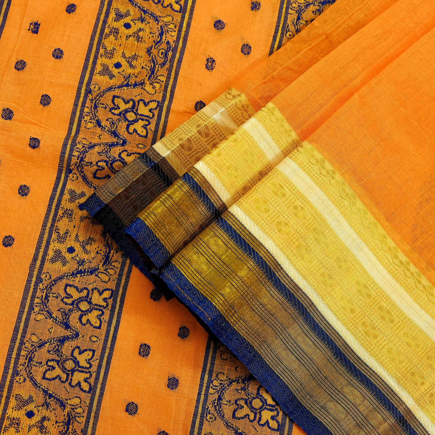 Indian Vintage Sari Orange Pure Cotton Hand Woven Saree Zari 5Yd Craft Fabric Floral Ethnic Sarong Dress making Crafting Quilting Zari