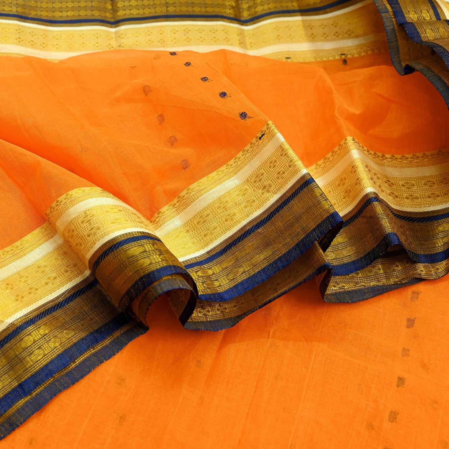 Indian Vintage Sari Orange Pure Cotton Hand Woven Saree Zari 5Yd Craft Fabric Floral Ethnic Sarong Dress making Crafting Quilting Zari