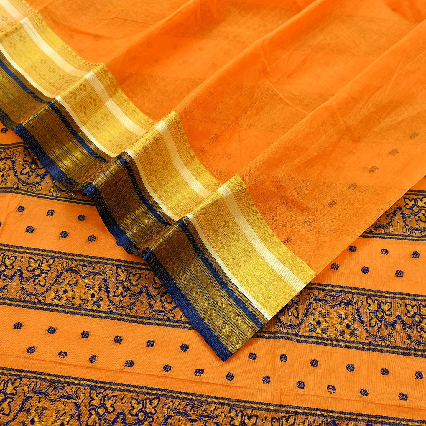 Indian Vintage Sari Orange Pure Cotton Hand Woven Saree Zari 5Yd Craft Fabric Floral Ethnic Sarong Dress making Crafting Quilting Zari