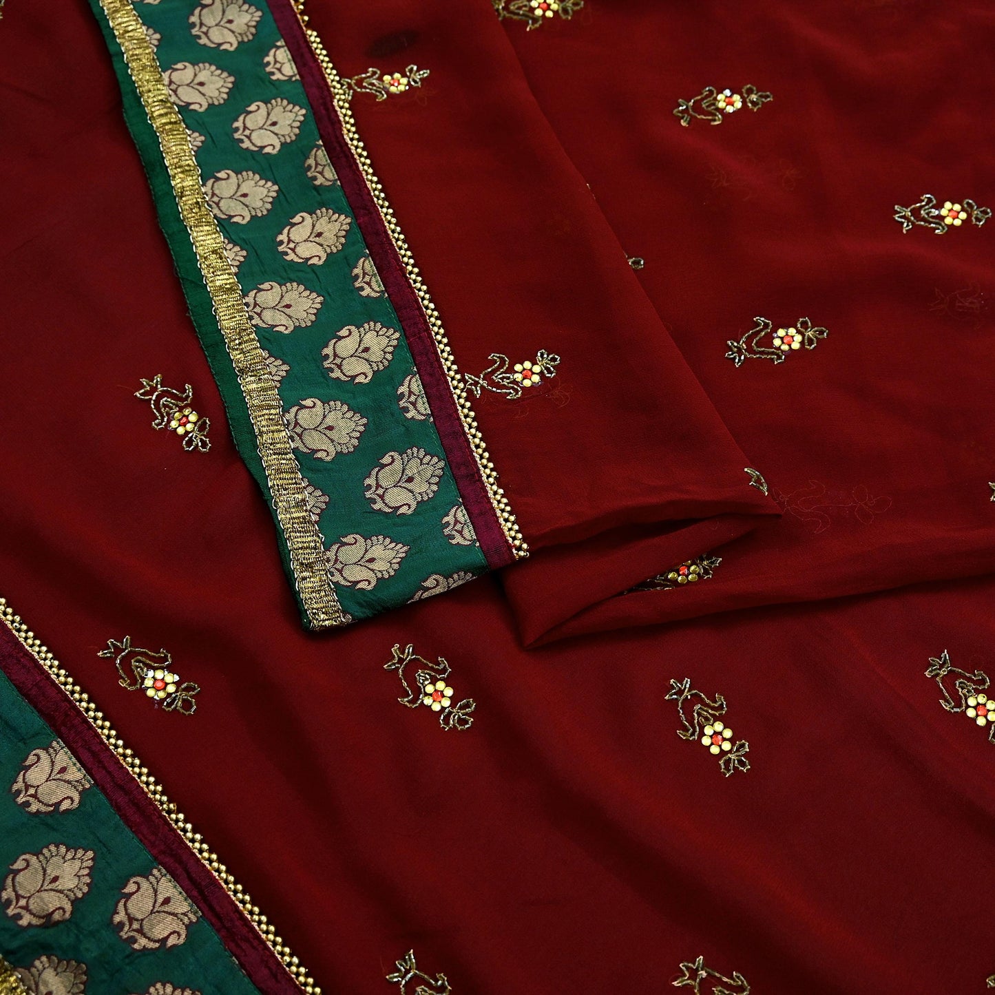 Indian Vintage Sari Maroon Hand Embroidered Pure Georgette Silk Sarees Craft Fabric 5Yd Sequins Wedding Sarees Quilting Crafting Upcycle