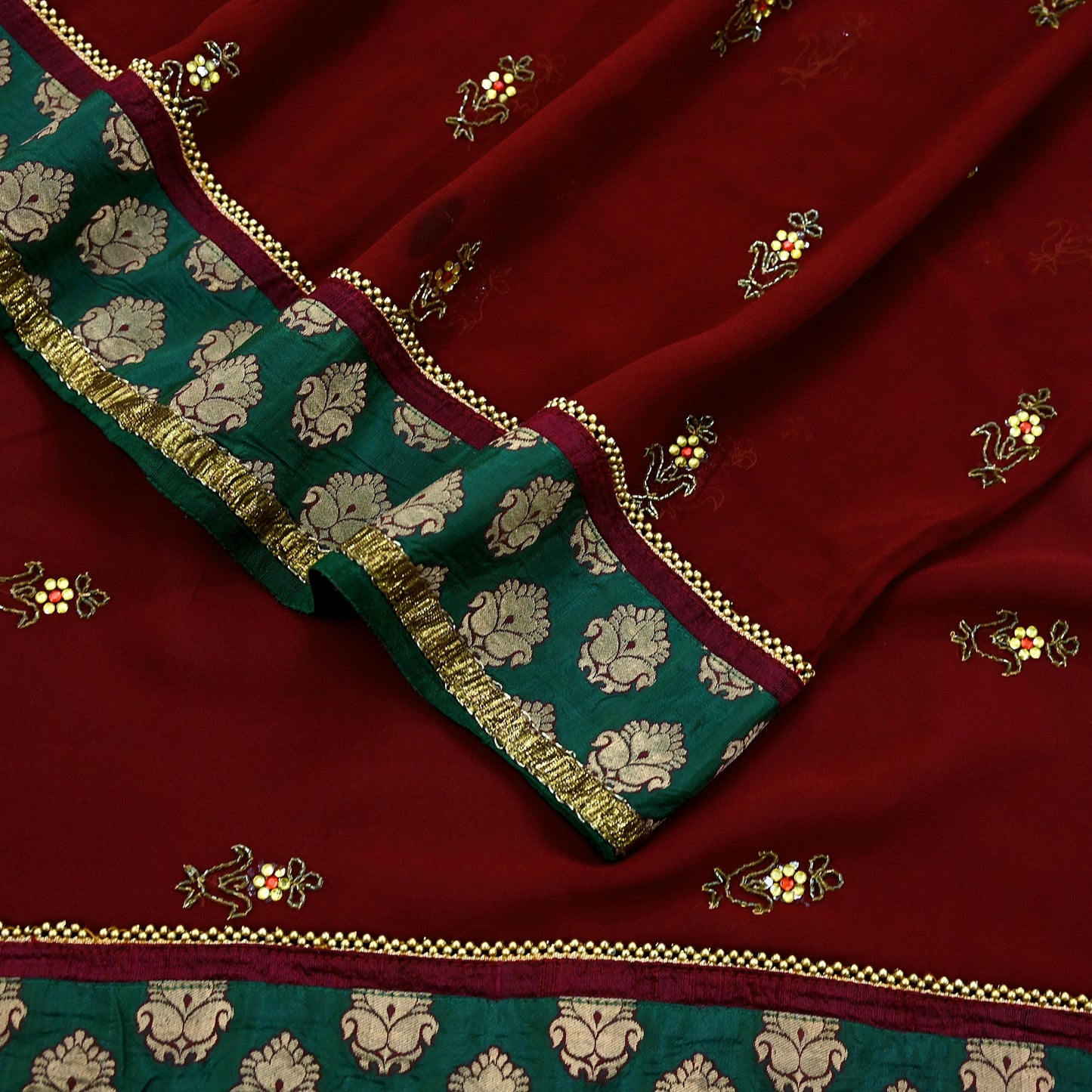 Indian Vintage Sari Maroon Hand Embroidered Pure Georgette Silk Sarees Craft Fabric 5Yd Sequins Wedding Sarees Quilting Crafting Upcycle