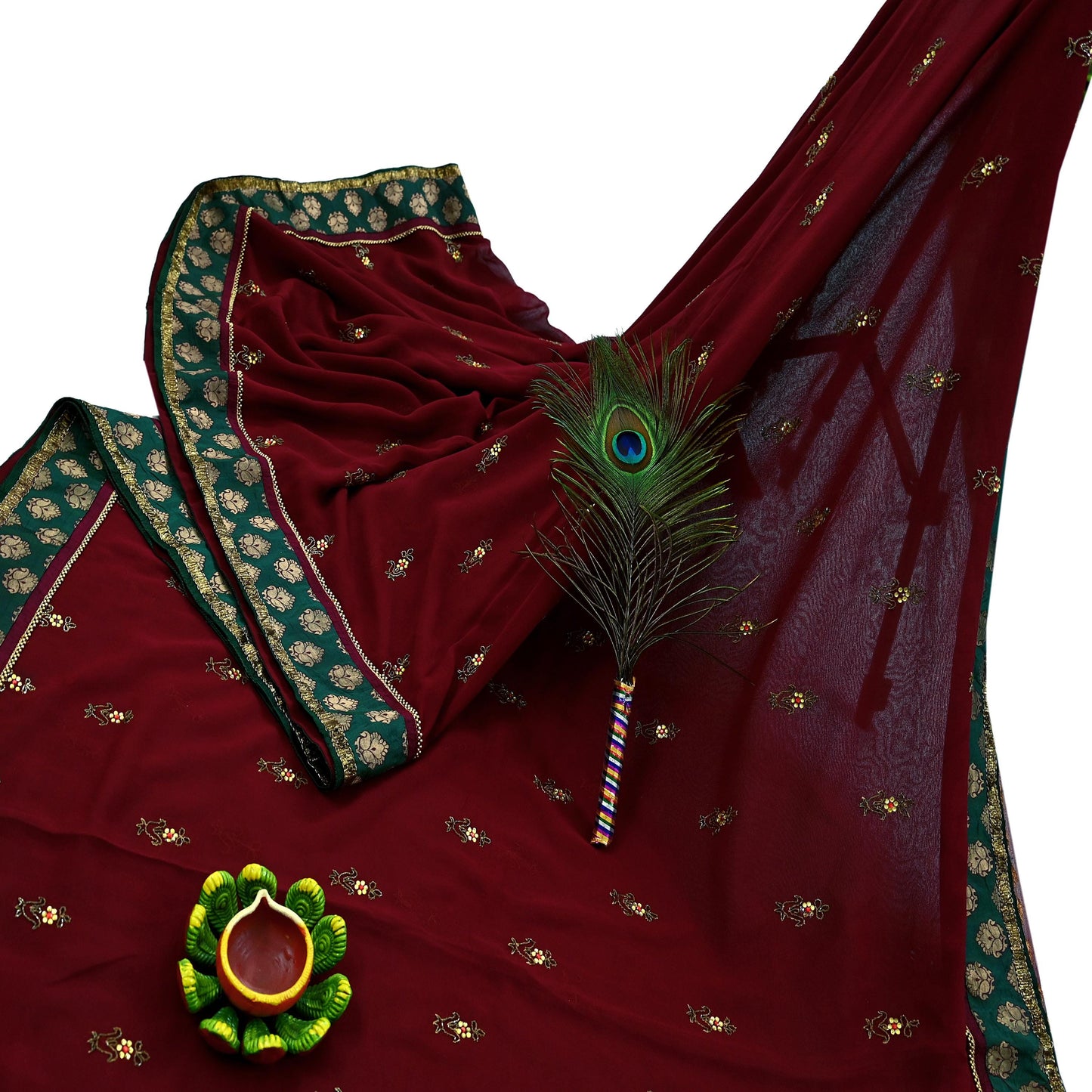 Indian Vintage Sari Maroon Hand Embroidered Pure Georgette Silk Sarees Craft Fabric 5Yd Sequins Wedding Sarees Quilting Crafting Upcycle