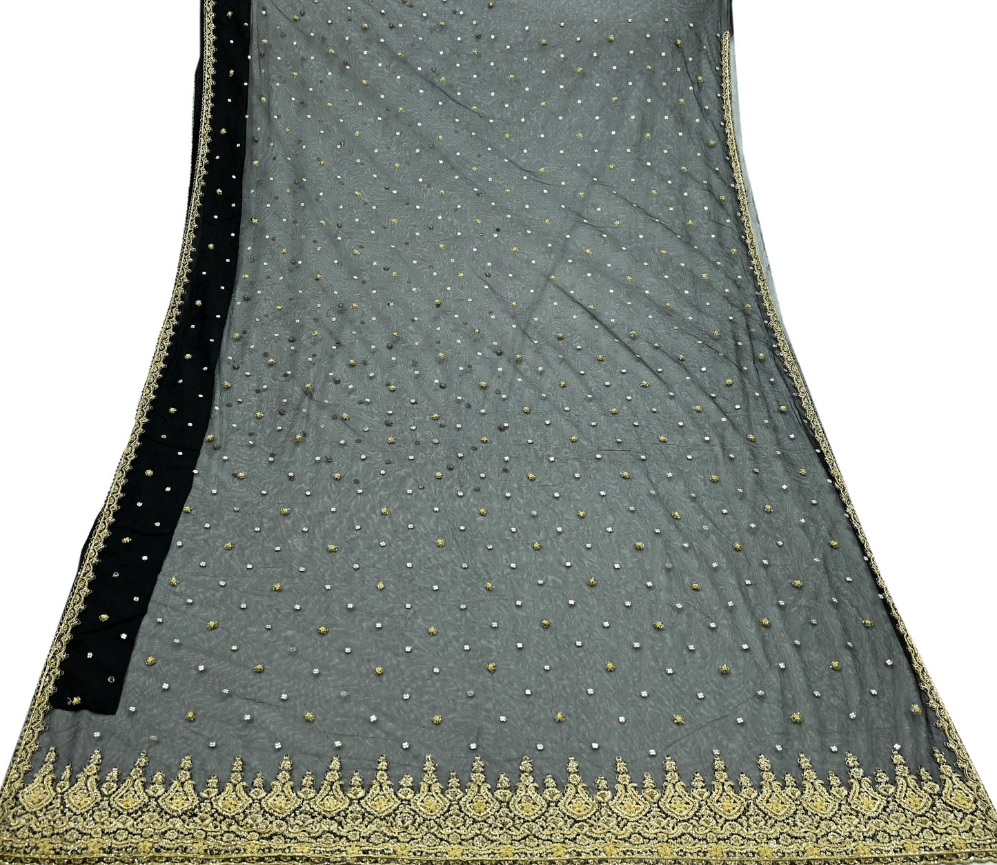 Indian Vintage Sari Black Net/Mesh Hand Embroidered Sarees Craft Fabric 5Yd Sewing Soft Zardozi/Dabka Zari Sequins Wedding sarees