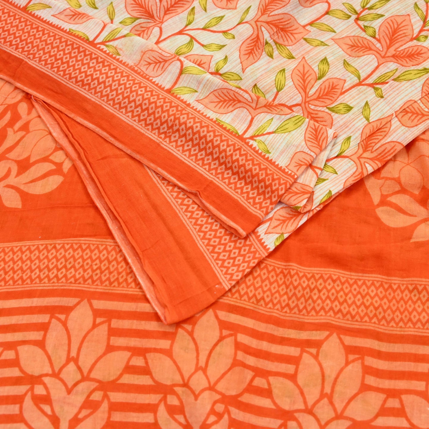 Indian Vintage Sari Orange & Ivory Printed Pure Cotton Saree Craft Fabric 5Yd Soft Sewing Sarong Wrap Boho Dress making Crafting Quilting