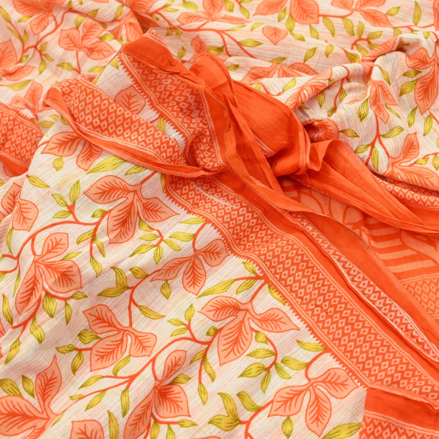 Indian Vintage Sari Orange & Ivory Printed Pure Cotton Saree Craft Fabric 5Yd Soft Sewing Sarong Wrap Boho Dress making Crafting Quilting