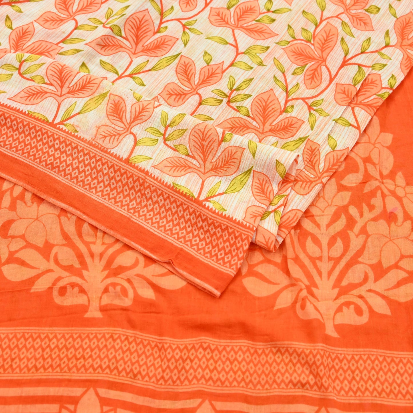 Indian Vintage Sari Orange & Ivory Printed Pure Cotton Saree Craft Fabric 5Yd Soft Sewing Sarong Wrap Boho Dress making Crafting Quilting