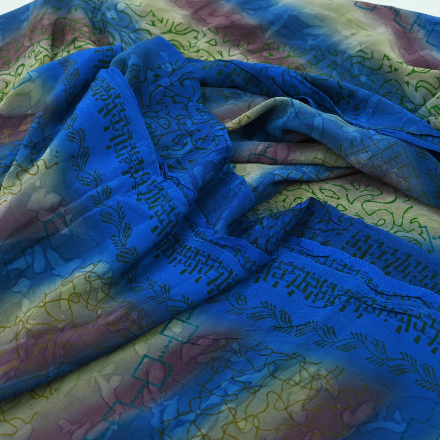 Indian Vintage Blue Saree Pure Crepe Silk Printed Sari 5yd Sewing Abstract Soft Craft Fabric Wrap Dress making Crafting Quilting Upcycle