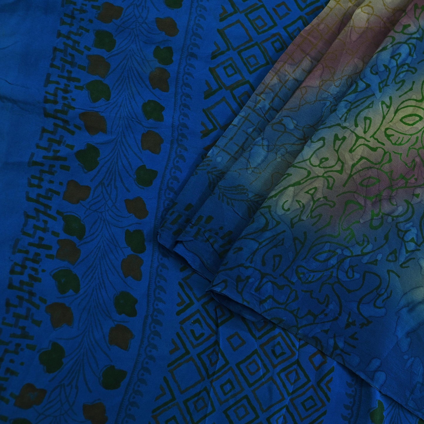 Indian Vintage Blue Saree Pure Crepe Silk Printed Sari 5yd Sewing Abstract Soft Craft Fabric Wrap Dress making Crafting Quilting Upcycle