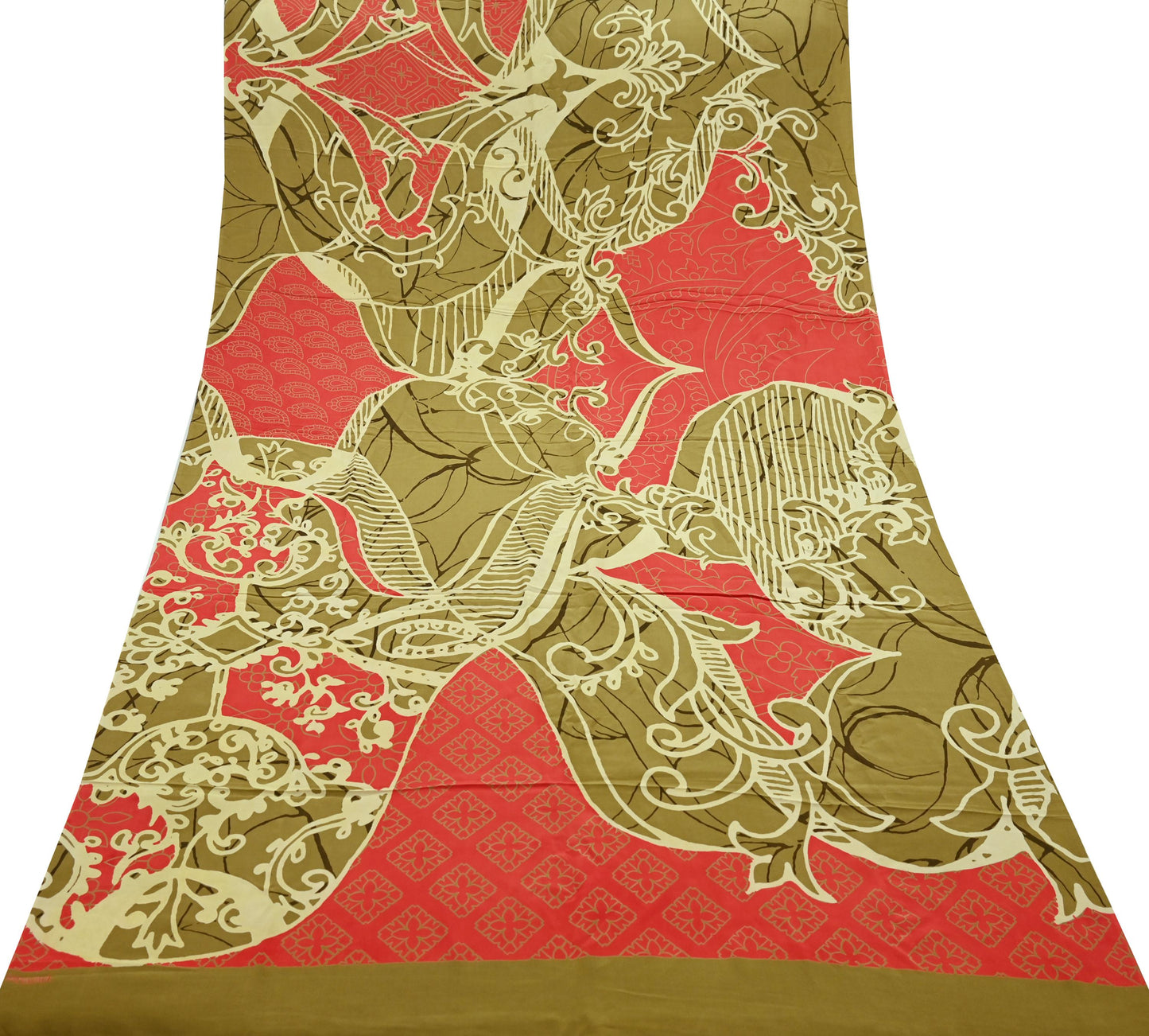 Indian Vintage Orange & Green Saree Pure Crepe Silk Printed Sari Craft Fabric 5yd Sewing Floral Soft Wrap Dress making Crafting Quilting