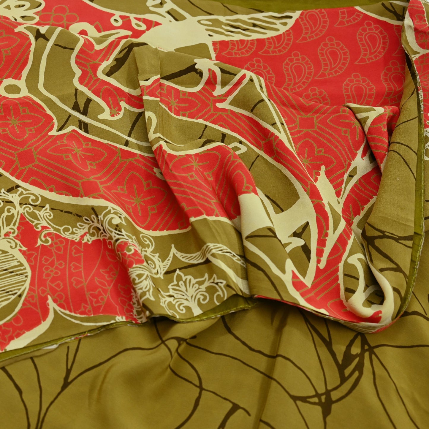Indian Vintage Orange & Green Saree Pure Crepe Silk Printed Sari Craft Fabric 5yd Sewing Floral Soft Wrap Dress making Crafting Quilting