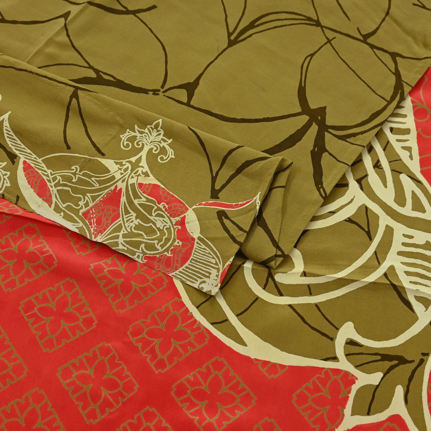Indian Vintage Orange & Green Saree Pure Crepe Silk Printed Sari Craft Fabric 5yd Sewing Floral Soft Wrap Dress making Crafting Quilting