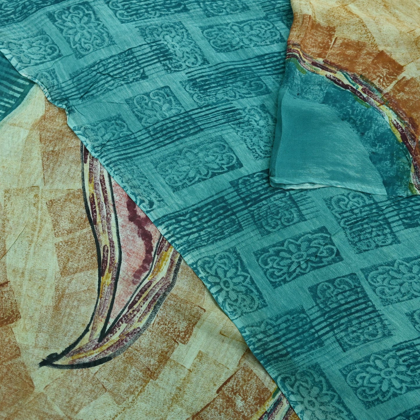 Indian Vintage Sari Beige & Blue Pure Georgette Silk Sarees Craft Fabric Sewing 5Yd Soft Light Dress Making Upcycle Quilting Crafting