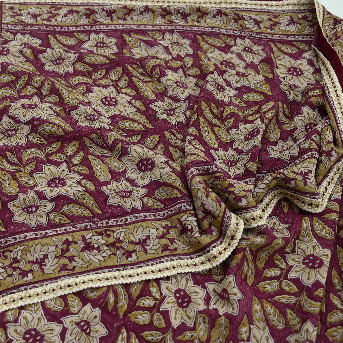 Indian Vintage Sari Beige & Maroon Pure Georgette Silk Block Printed Sarees Craft Fabric Sewing 5Yd Dress Making Crafting Quilting Upcycle