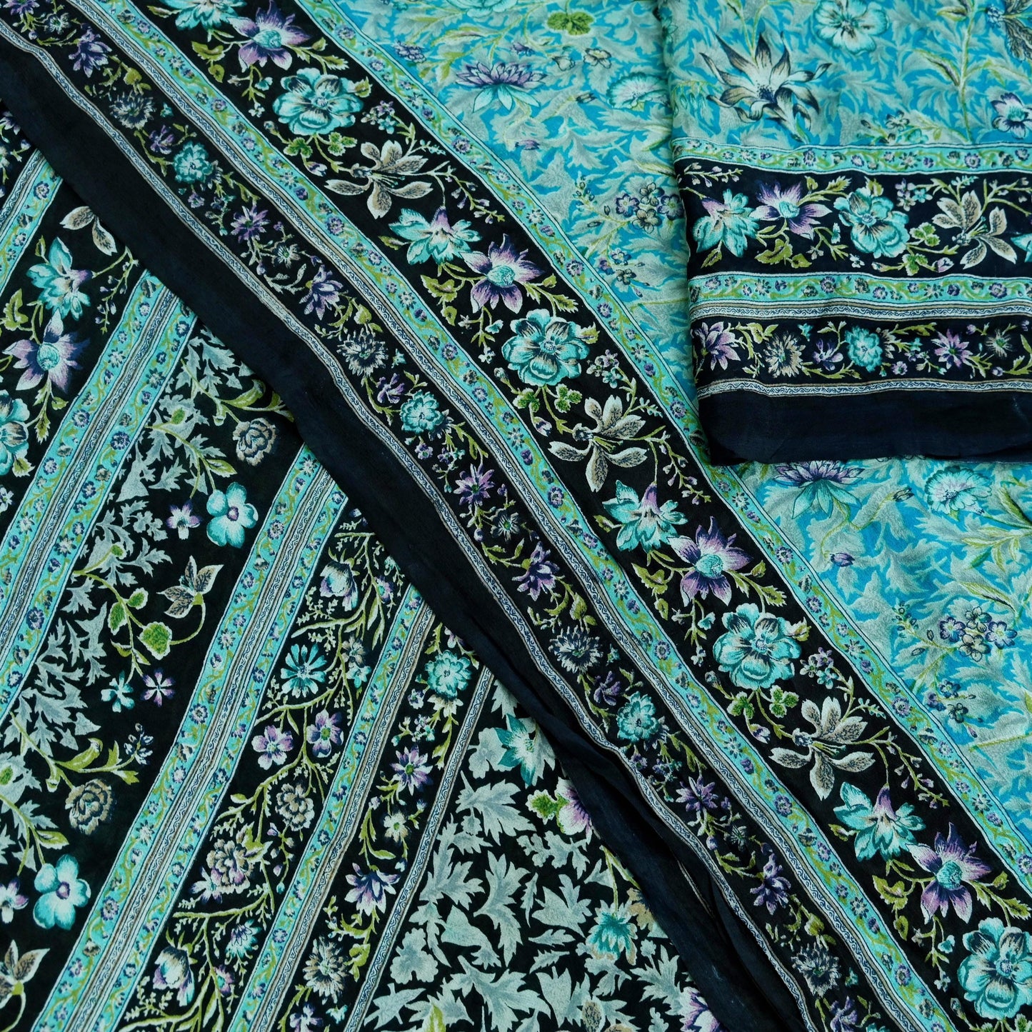 Indian Vintage Black & Blue Sarees Pure Silk Printed Indian Sari 6yd Sewing Craft Fabric DressMaking Floral Soft Crafting Quilting