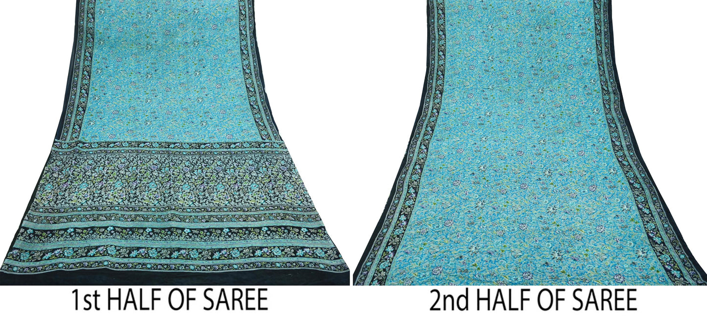 Indian Vintage Black & Blue Sarees Pure Silk Printed Indian Sari 6yd Sewing Craft Fabric DressMaking Floral Soft Crafting Quilting