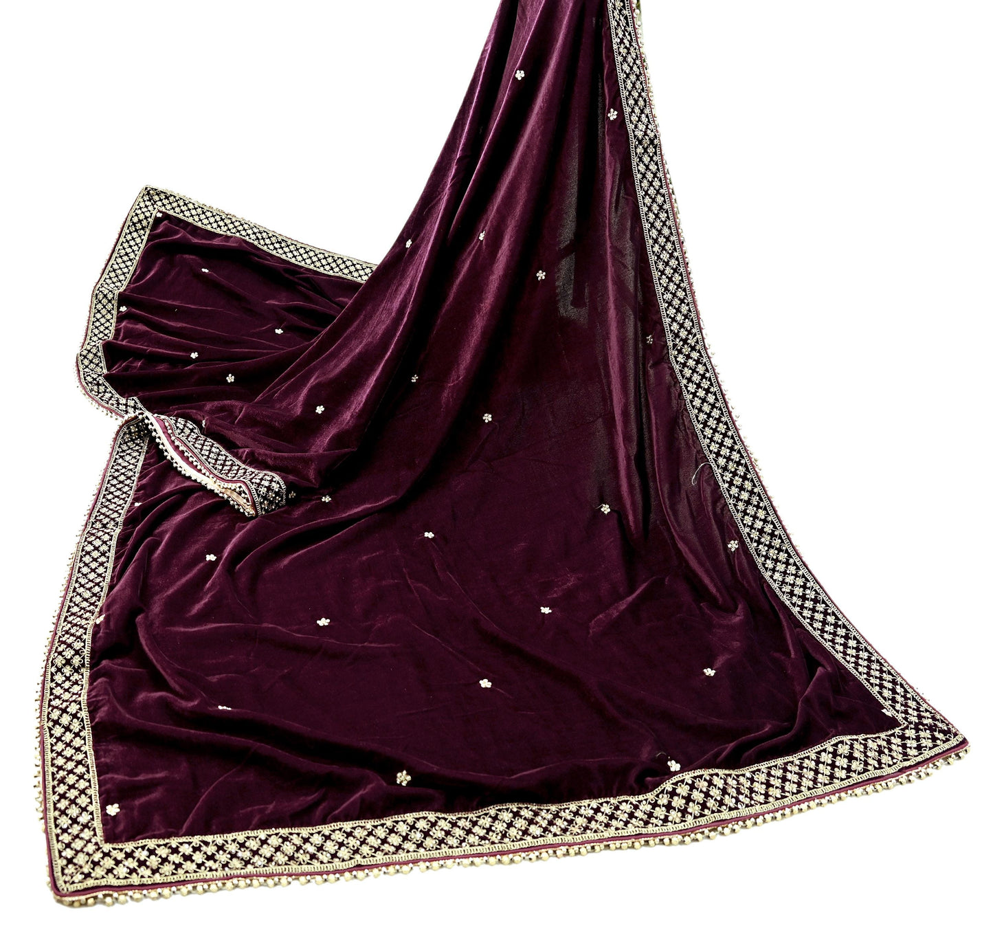 Indian Vintage Heavy Wedding Wine Dupatta Velvet Long Stole Hand Embroidered Scarves Zari Hijab Veil Wrap