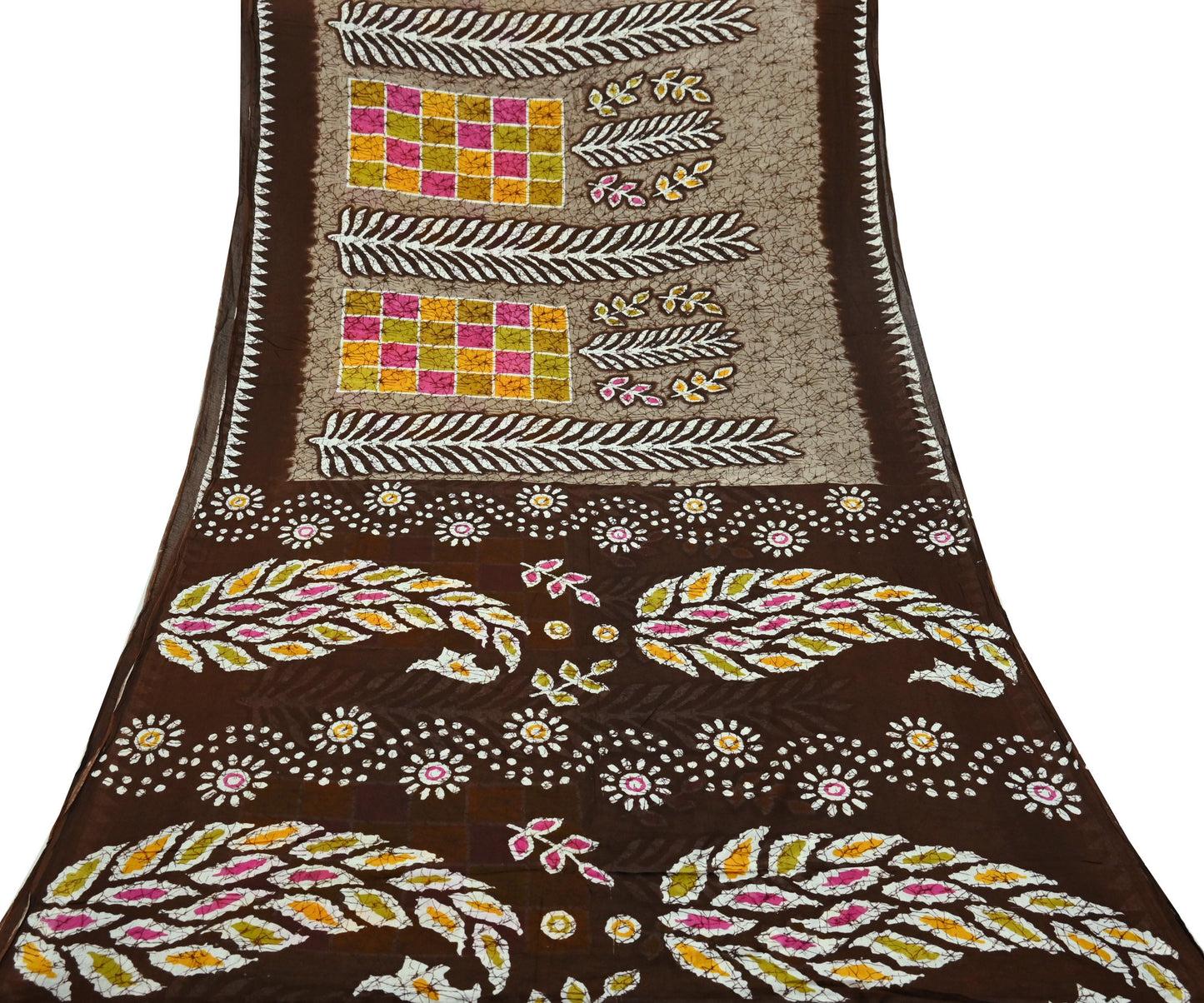 Indian Vintage Sari Brown Batik Printed 100% Pure Cotton Saree Craft Fabric 5Yd Soft Sewing Sarong Wrap Boho Dress making Crafting