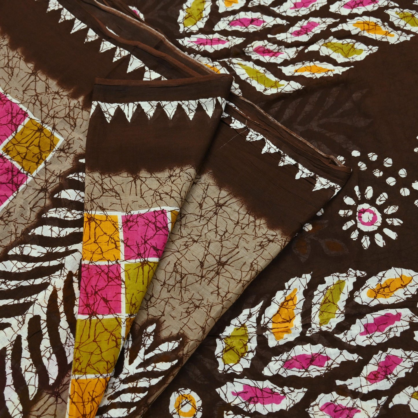 Indian Vintage Sari Brown Batik Printed 100% Pure Cotton Saree Craft Fabric 5Yd Soft Sewing Sarong Wrap Boho Dress making Crafting