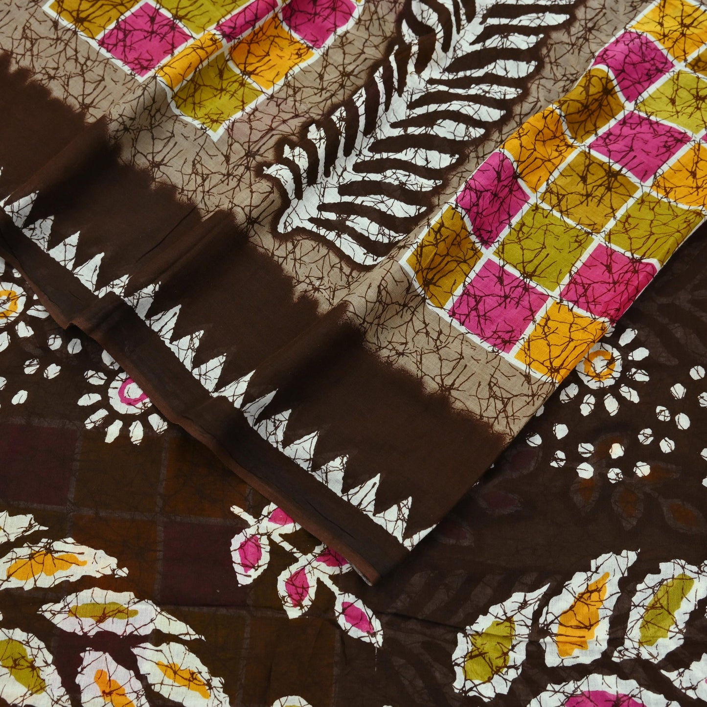 Indian Vintage Sari Brown Batik Printed 100% Pure Cotton Saree Craft Fabric 5Yd Soft Sewing Sarong Wrap Boho Dress making Crafting