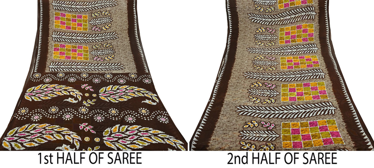 Indian Vintage Sari Brown Batik Printed 100% Pure Cotton Saree Craft Fabric 5Yd Soft Sewing Sarong Wrap Boho Dress making Crafting