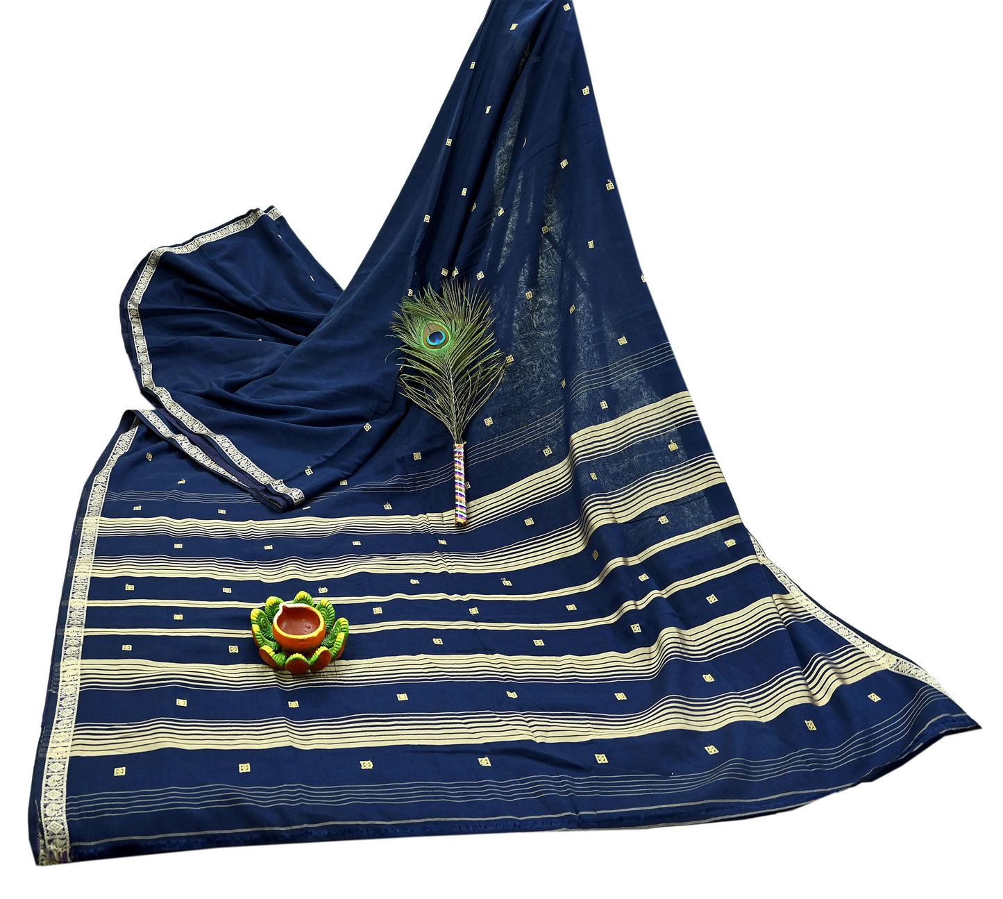 Indian Vintage Sari Blue Pure Cotton Hand Woven Sarees Craft Fabric 5Yd Sewing Soft Crafting Dress making Upcycle Quilting